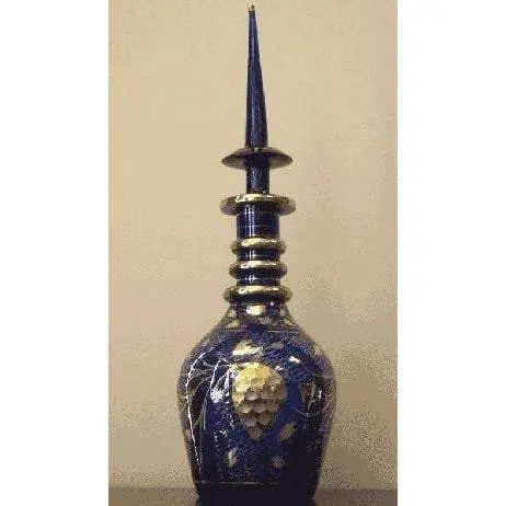 Authentic Art Antique Look Hand Gold Painted Persian Cobalt Blue Glass Vase Bottle Decanter   21"  X  9" Panzag-33